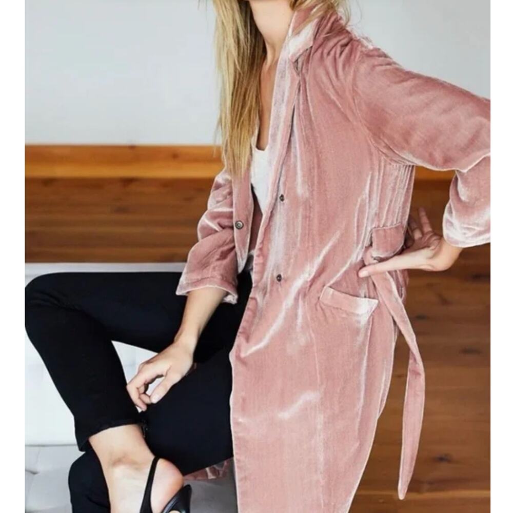 Emerson Fry Studio Coat In Blush Velvet Size 2 Belted Pockets Silk Blend Velvet - Picture 9 of 14